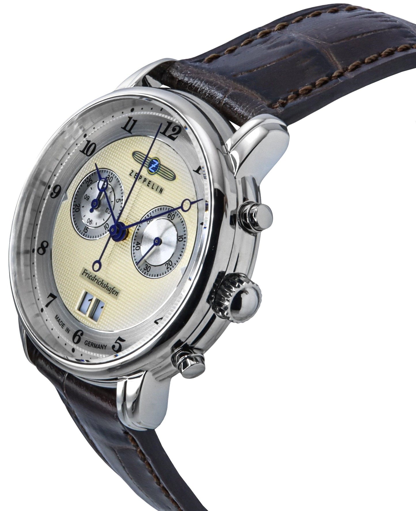 Zeppelin Friedrichshafen Chronograph Leather Strap Gold Dial Quartz 85845 Men's Watch