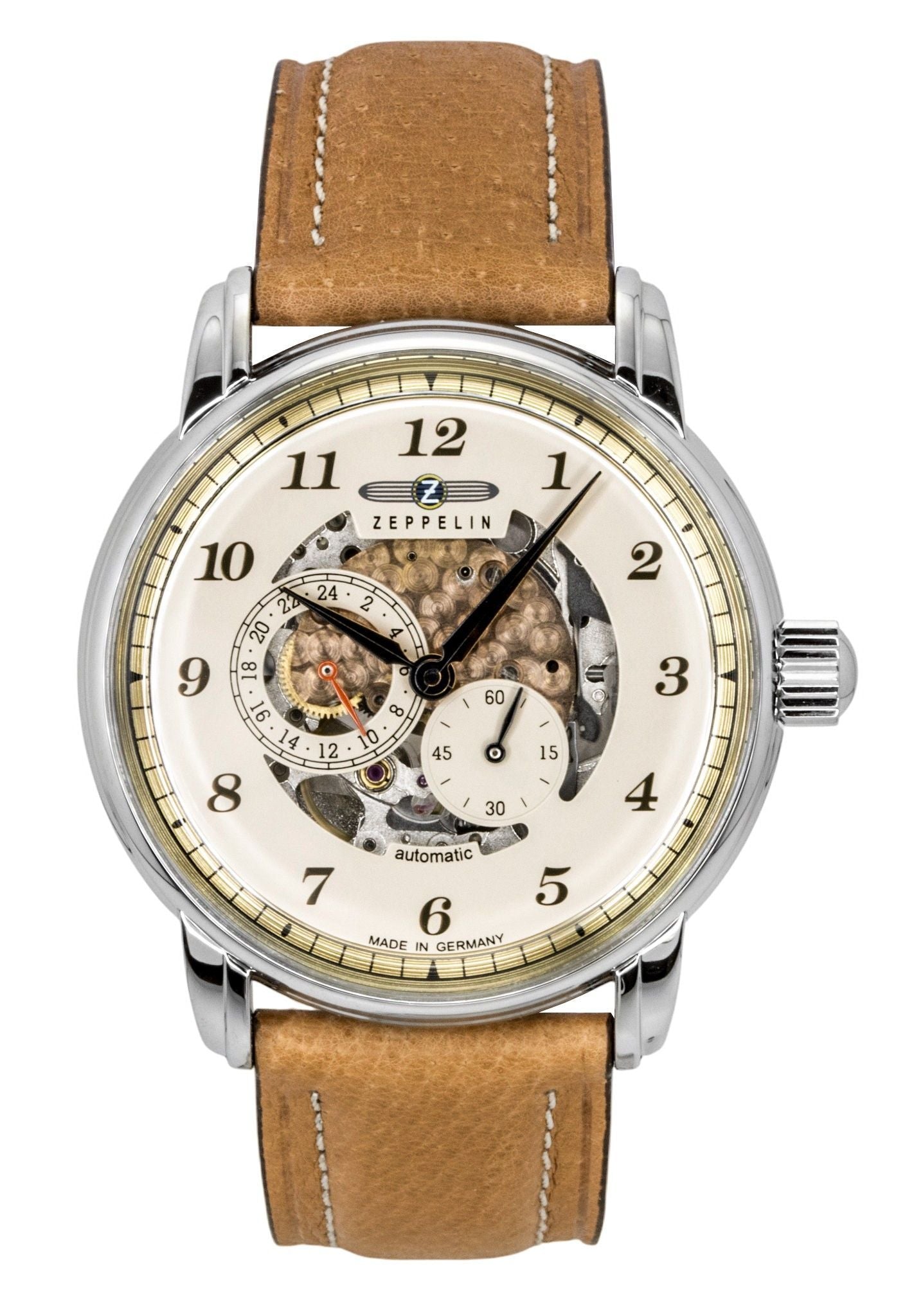 Zeppelin Captain's Line Leather Strap Beige Skeleton Dial Automatic 86585 Men's Watch