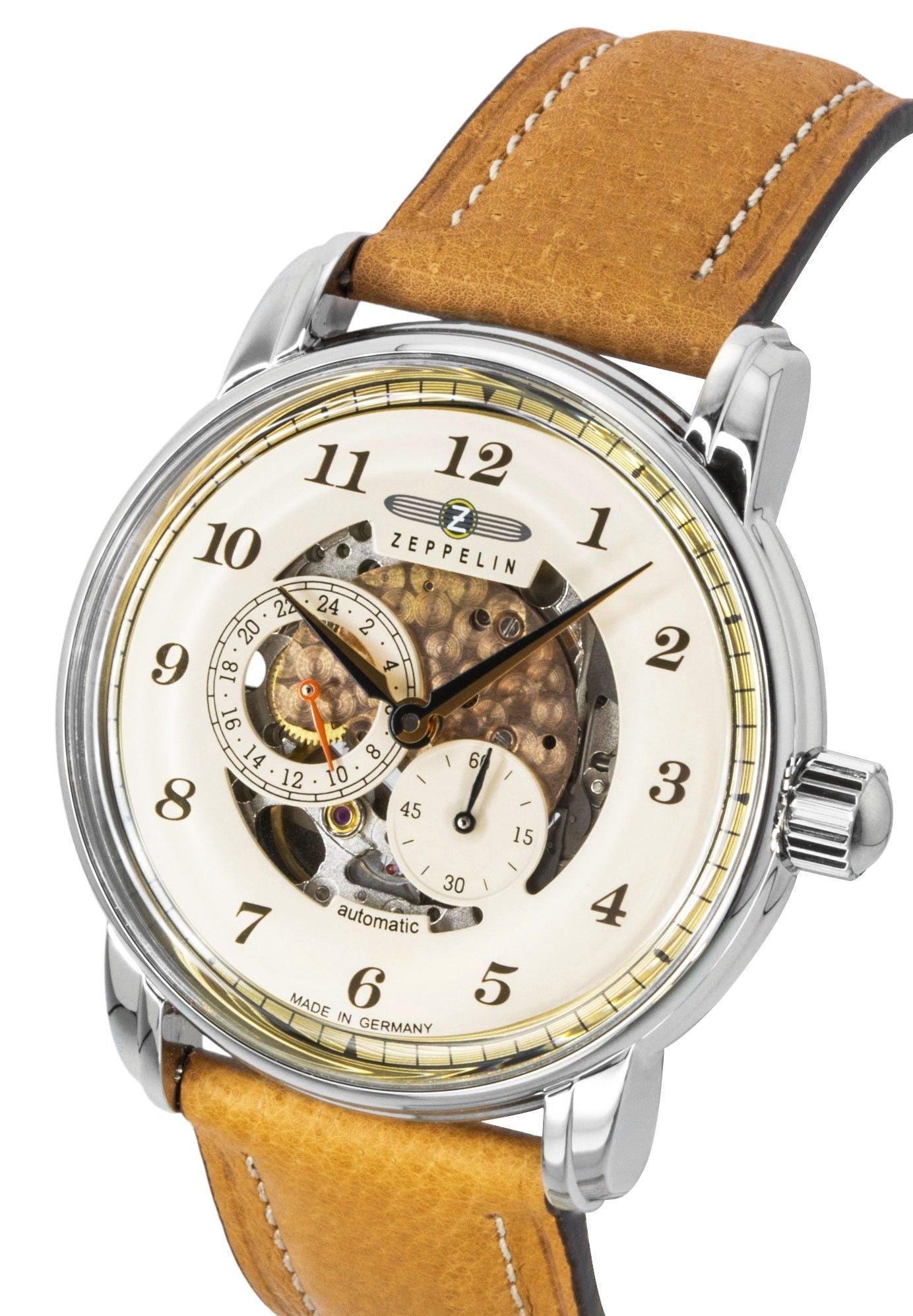 Zeppelin Captain's Line Leather Strap Beige Skeleton Dial Automatic 86585 Men's Watch