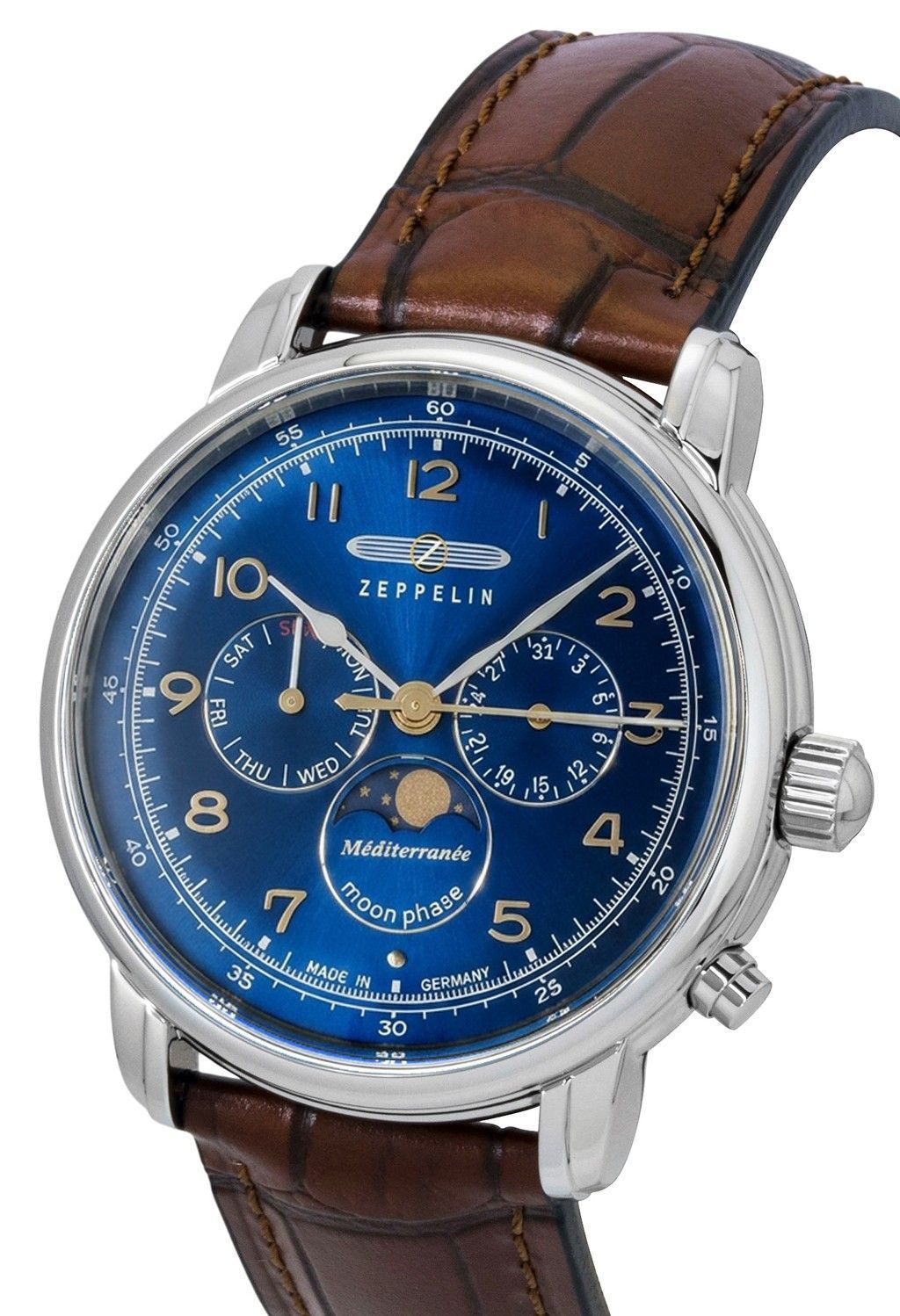 Zeppelin 100 Jahre Mediterranee Moonphase Leather Strap Blue DIal Quartz 96363 Men's Watch