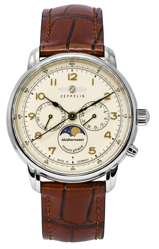Zeppelin Mediterranean Moon Phase Leather Strap Beige Dial Quartz 96365 Men's Watch