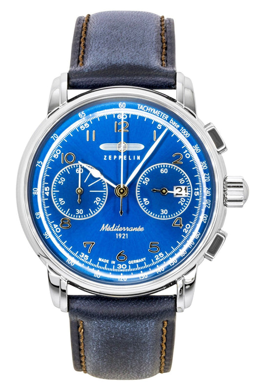 Zeppelin Mediterranee Chronograph Leather Strap Blue Dial Quartz 96703 Men's Watch