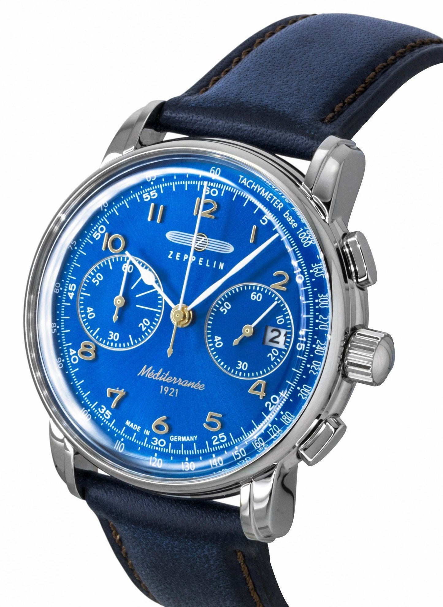 Zeppelin Mediterranee Chronograph Leather Strap Blue Dial Quartz 96703 Men's Watch